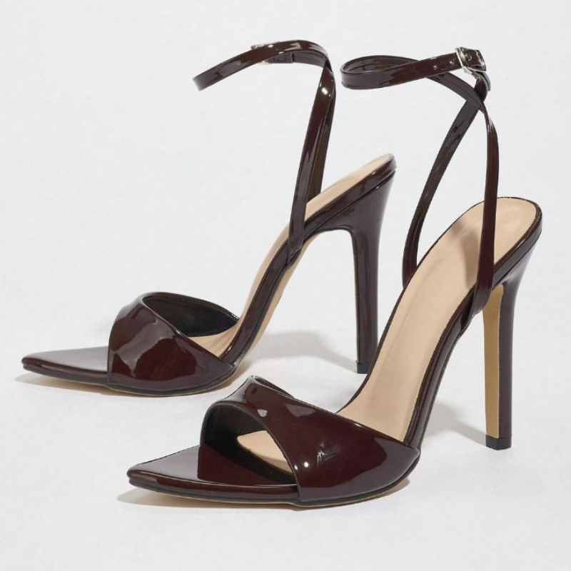 Women Shoes Brands - Coffee Patent Leather Heeled Sandals Women