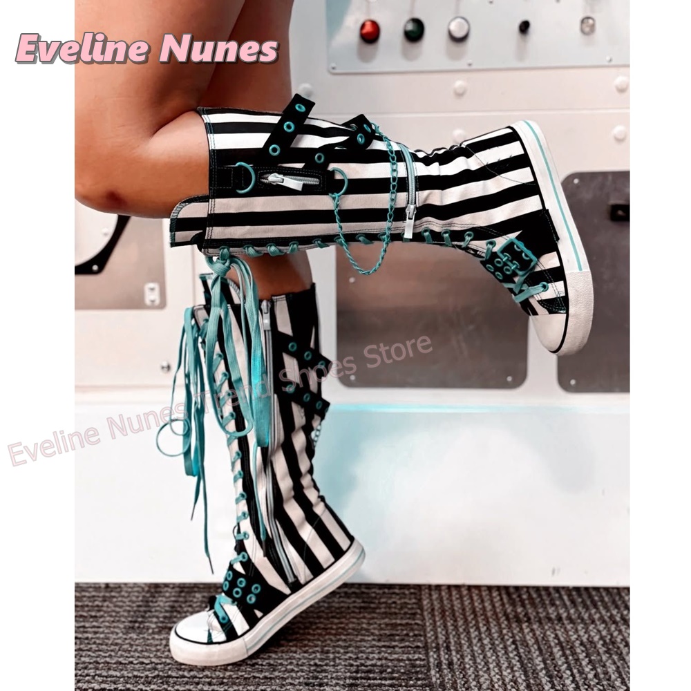 Women'S Shoes Y2K - Y2K Gothic Striped Canvas Boots Chain