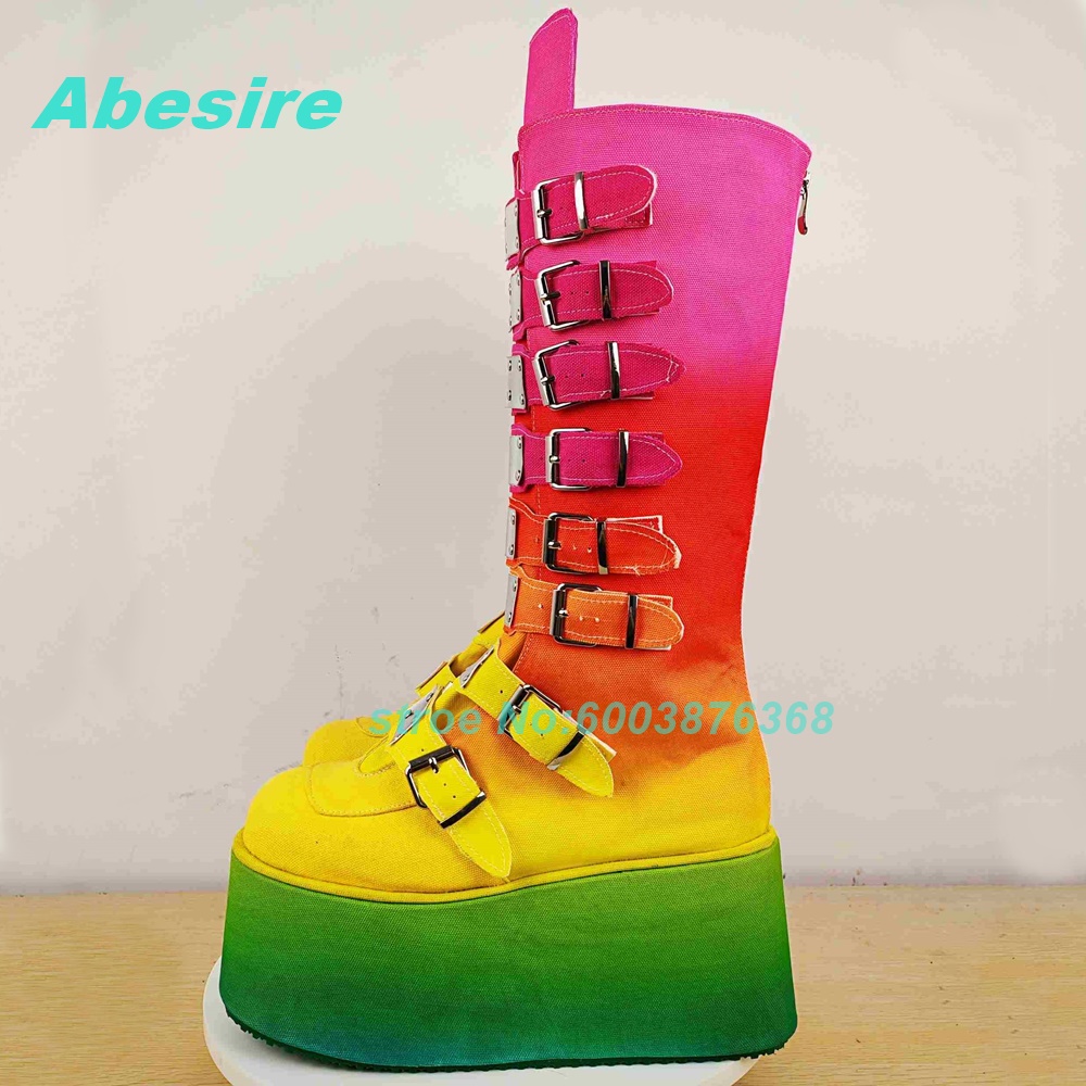 Women'S Shoes Y2K - Mixed-Color Patchwork Multi-Buckles Knee High Boots