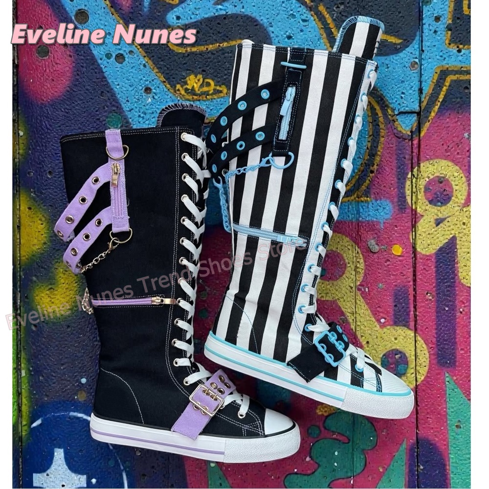 Y2K Gothic Striped Canvas Boot - đánh giá và giá Women'S Shoes Y2K